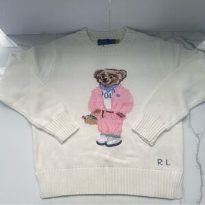 Ralph Lauren Women's Cream Sweater with Pink Bear Design